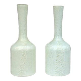 Murano Light Blue and Green Over White Gold Flecks Vintage Italian Art Glass Flower Vases - A Pair For Sale