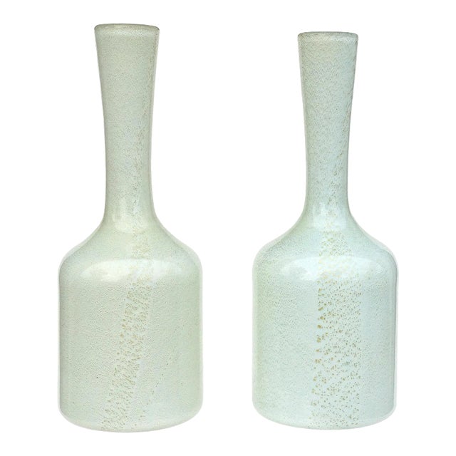 Vintage Murano Light Blue and Green Over White Gold Flecks Italian Art Glass Flower Vases - A Pair For Sale