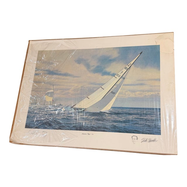 1975 “America’s Cup ’74” Nautical Print – Hand Signed by Ted Hood & Olin Stephens – Vintage Sailing Artwork For Sale