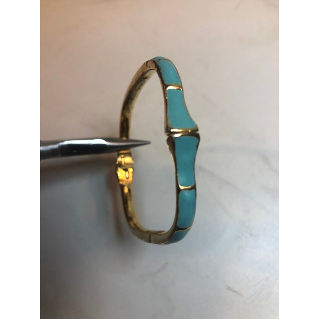 1970s Les Bernard Rectangular Gold Tone Turquoise Enamel Bangle For Sale - Image 9 of 12