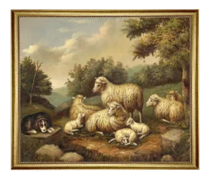 "Sheep in Landscape" Contemporary Reproduction Print on Canvas, Framed