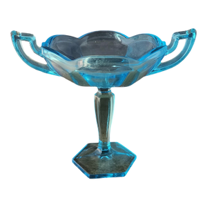 Vintage Westmoreland Glass Company Blue Glass Pedestal Handled Bowl ~ Trophy Candy Dish, 1980s