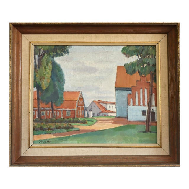 Mid-Century Modern 'Red Roofs' Vintage Swedish Town Landscape Oil Painting, Framed For Sale