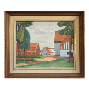 Mid-Century Modern 'Red Roofs' Vintage Swedish Town Landscape Oil Painting, Framed