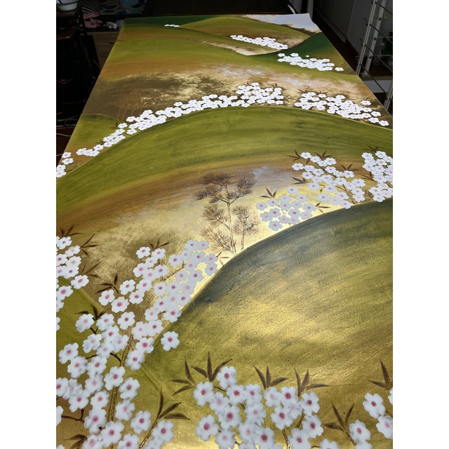 Gold Hand-Painted Gold Leaf Chinoiserie Landscape Mural Panels | Cherry Blossom Mountain Wall Art Set of 2 For Sale - Image 8 of 8