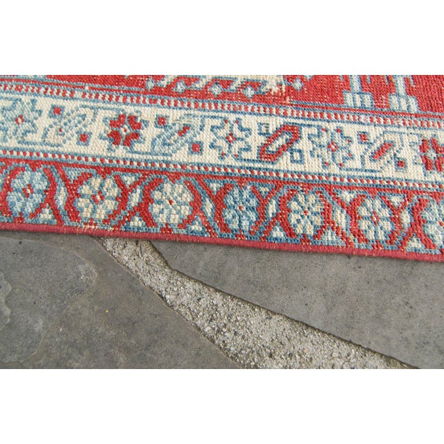 Vintage Medallion Brick Red Blue Cream Hand-Knotted Long Runner - 3’6” X 14’8” For Sale - Image 9 of 10