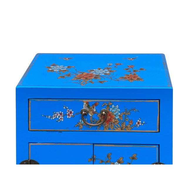 Chinese Bright Blue Vinyl Moon Face Flower Birds End Table Nightstand For Sale In San Francisco - Image 6 of 11
