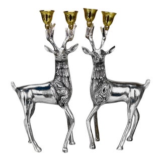Vintage Traditional Chrome Lacquered Brass Reindeer Candlestick Holders - a Pair For Sale