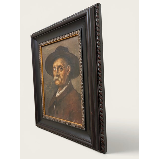 Rustic European Original Antique European Moody Oil Portrait Painting of Gentleman in Hat Circa 1937 For Sale - Image 3 of 12
