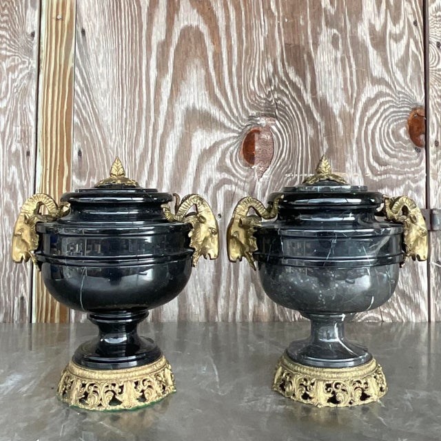 Vintage Boho Black Marble and Brass Ram’s Head Lidded Urns - a Pair For Sale In West Palm - Image 6 of 6