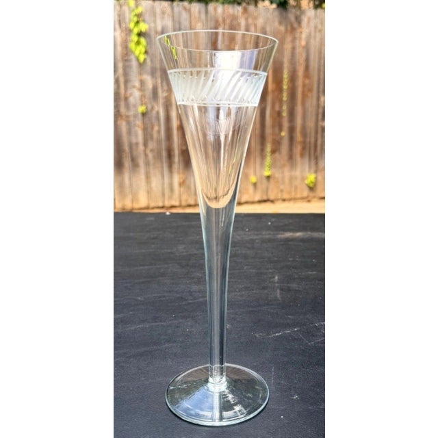 1930s Antique Art Deco Crystal Champagne Flutes 10" Engraved Chevron Set of 3 For Sale - Image 5 of 7