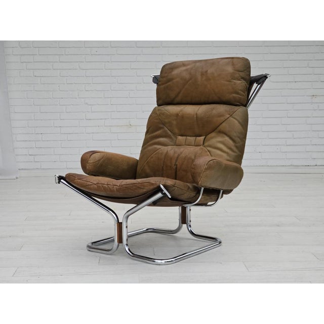 Norwegian Armchair in Leather, Chrome Steel, Teak Wood & Canvas by Harald Relling for Westnofa, 1970s For Sale - Image 10 of 18