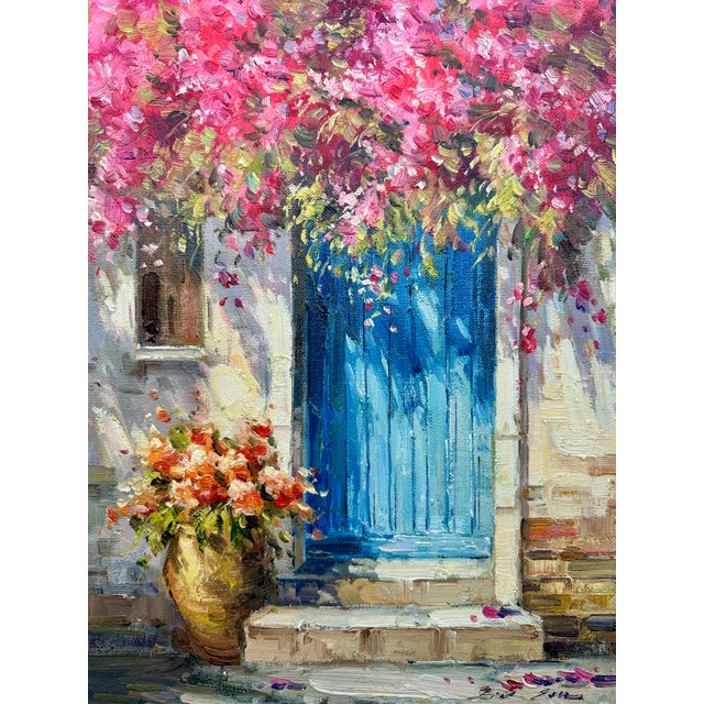 Original oil on unstretched canvas by Eric Sam, signed and dated circa 2024. This colorful coastal doorway scene features...