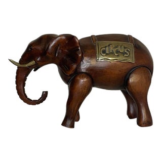 Vintage Sarreid Ltd Handmade Wooden Elephant With Brass Accents For Sale