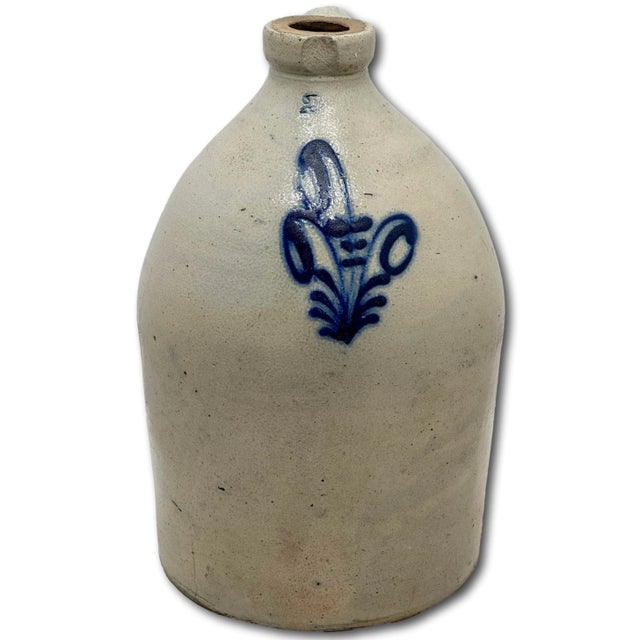 Very Nice Blue Color Hand Decorated Antique American 2 Gallon Size Stoneware Jug - Circa 1870s For Sale - Image 4 of 18
