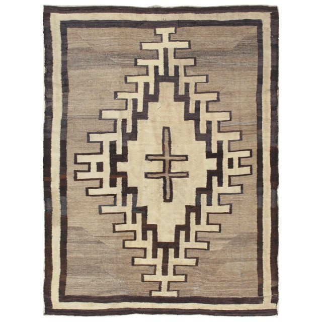 Antique Navajo Carpet, Handmade Wool, Neutral colors, Ivory, Beige, Gray & Brown For Sale - Image 17 of 17