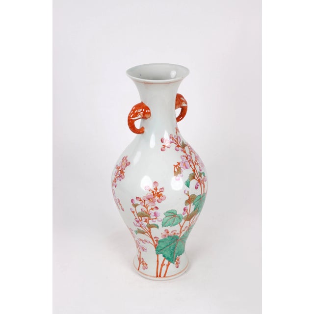 Ceramic Vintage Famille Rose Amphora Vase With Peach Blossom Design, Elephant Handles For Sale - Image 7 of 10