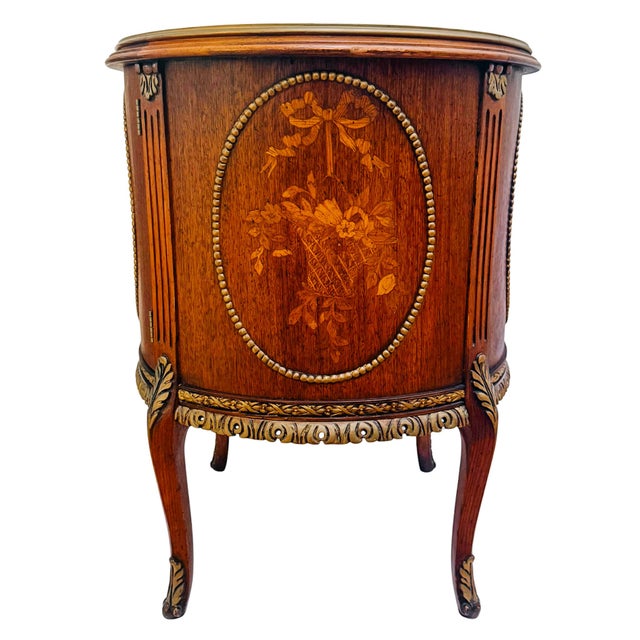 Louis XVI Style Round Gueridon Commode Tables With Carrara Marble & Floral Marquetry - A Pair For Sale - Image 13 of 18