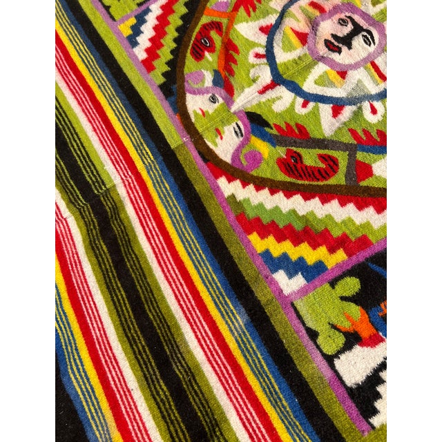Asparagus Vintage Brightly Adorned Aztec Calendar Inspired Wool Blanket/Rug For Sale - Image 8 of 15