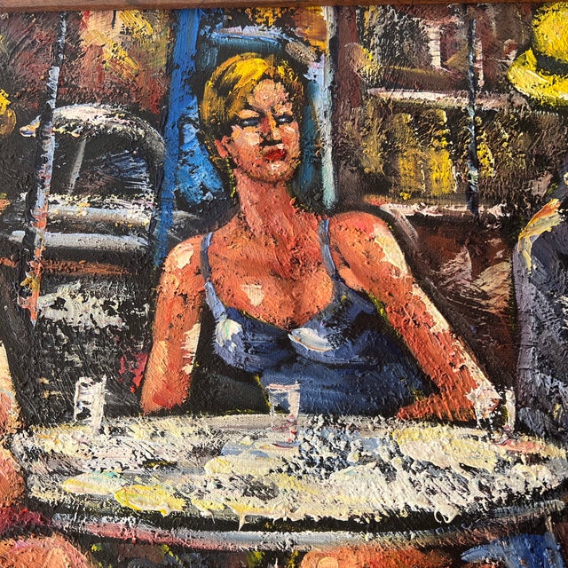 Red 1980s Oil on Board American School Modern Figurative Framed Signed Titled at the Club For Sale - Image 8 of 10