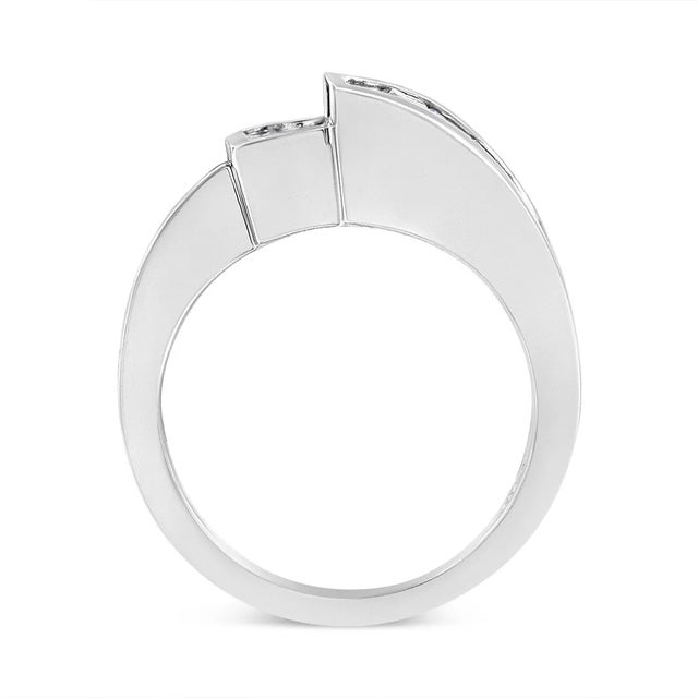 Haus of Brilliance 14K White Gold 1 1/2 Cttw Invisible-Set Princess and Channel-Set Baguette Diamond Geometric Bypass R For Sale - Image 4 of 7