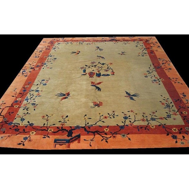 1920 Ivory Peach Rust Antique Chinese Peking Carpet 9'2" X 11'6" Wool Vase Rug For Sale - Image 4 of 8