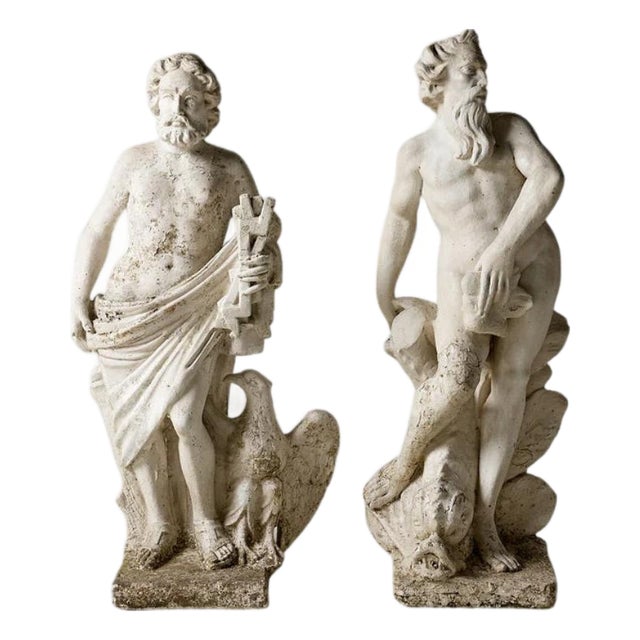 Late 19th Century French Concrete Zeus and Poseidon Statues (Set of 2) For Sale