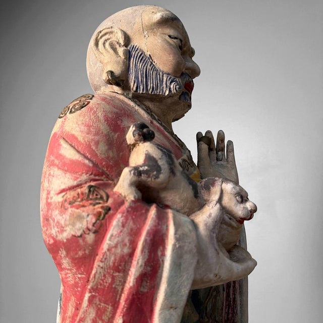 Large Polychrome Wooden Temple Figures on Lotus Bases, Korea, 19th Century, Set of 2 For Sale - Image 9 of 18