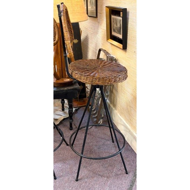 Wood Mid Century Danny Ho Fung Style Wrought Iron Rattan Barstools, Counter Stools For Sale - Image 7 of 9