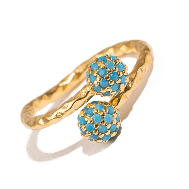 Radiant Duo Turquoise Gold Adjustable Ring, Size 8 For Sale - Image 4 of 9