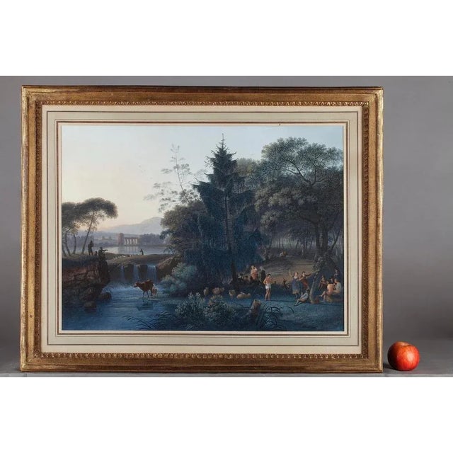 Two romantic paintings depicting a country landscape with mill, and a pastoral scene with shepherds and peasants dancing...