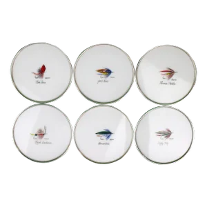 Set of 6 Hand-Painted Trout Flies Milk Glass/Sterling Rim Coasters Signed: Carwin, Late 20th Century