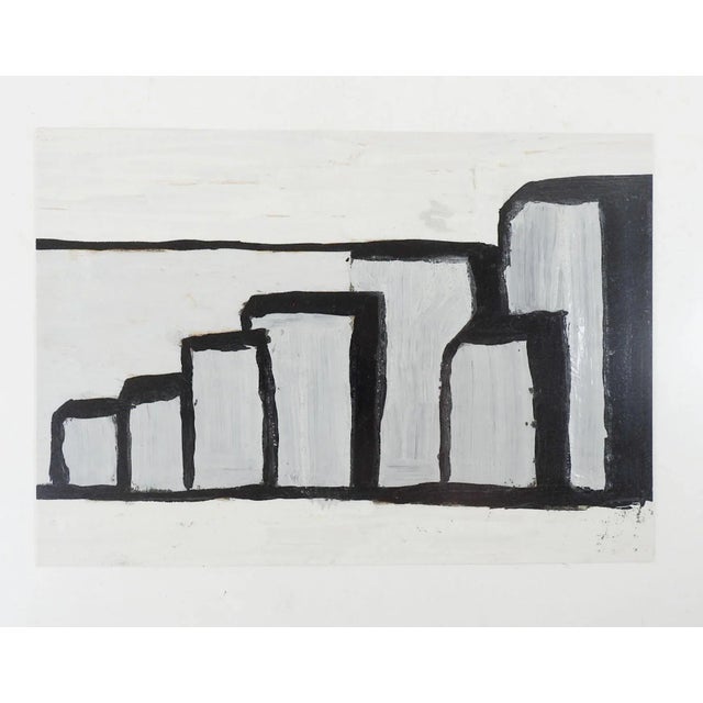 Vintage mid century gouache on paper black, white and gray geometric abstract painting. Signed Helen Chapa on verso, I...