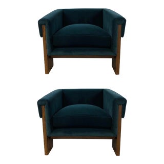 Mod Smoke Green Velvet Three Leg Club Chairs Pair For Sale