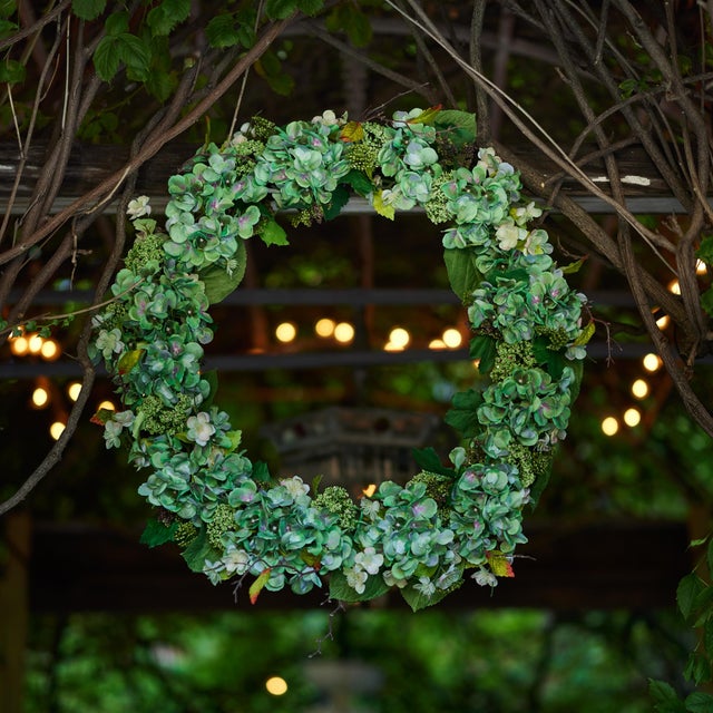 Kenneth Ludwig Chicago Hydrangea and Seedum Floral Wreath 32"D For Sale - Image 4 of 4
