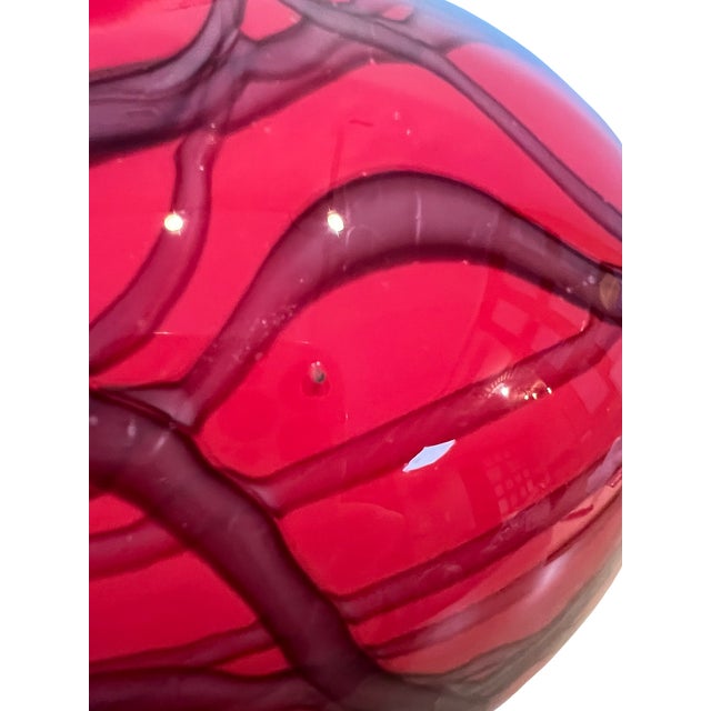 Vintage Czech Art Deco Red Cased Glass Orb Vase With Black Web Drizzle Pattern Attributed to Kralik Glassworks For Sale - Image 10 of 12