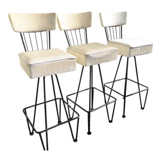 Mid Century Modern Frederick Weinberg White Swivel Bar Stools - Set of 3 For Sale