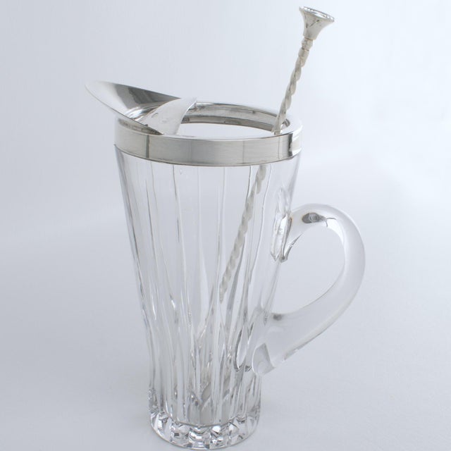 1940s 1940s Silver Plate and Crystal Barware Cocktail Martini Pitcher with Stirrer Spoon For Sale - Image 5 of 17