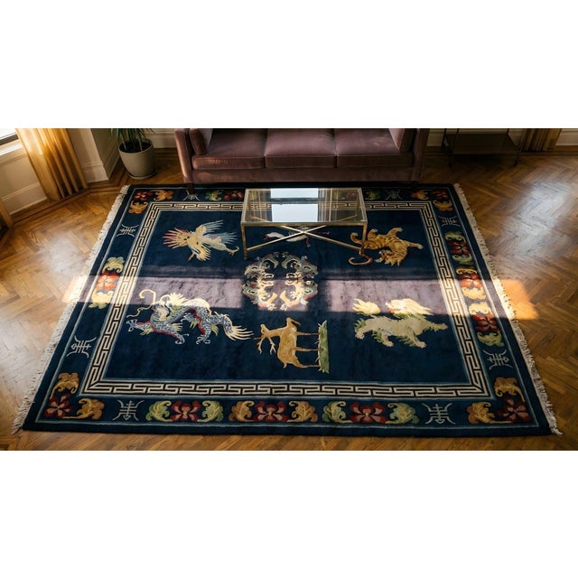 1940s Blue Navy Animalia Antique Chinese Tibetan Rug 8' X 10' Handknotted Wool Carpet For Sale - Image 9 of 9