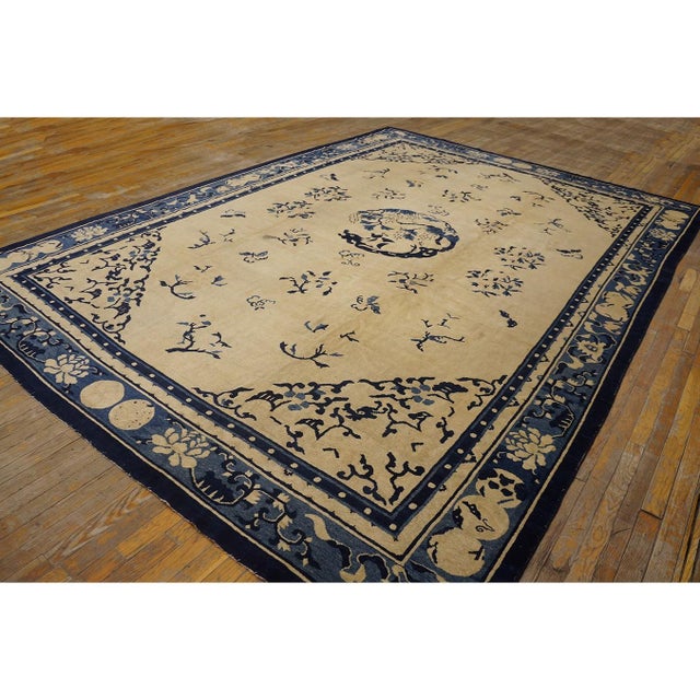 Chinese 1890s Beige Field Floral Spray Medallion Antique Chinese Peking Rug 8'10"x12'9" For Sale - Image 3 of 11
