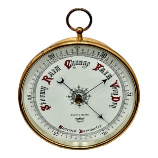 Fine Quality Large Antique Wall Mount Brass, Beveled Glass & Porcelain Dial Barometer by Short & Mason in London For Sale