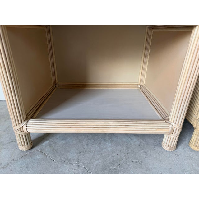Vintage Coastal Rattan & Leather Top One-Drawer Nightstands – A Pair For Sale - Image 9 of 12