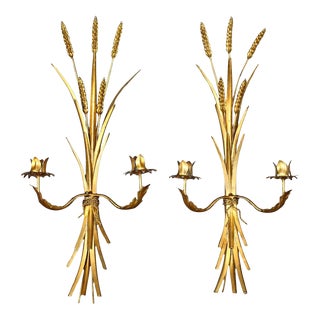 1960s Pair, Italian Gilt Wheat Sheaf Candle Sconces For Sale