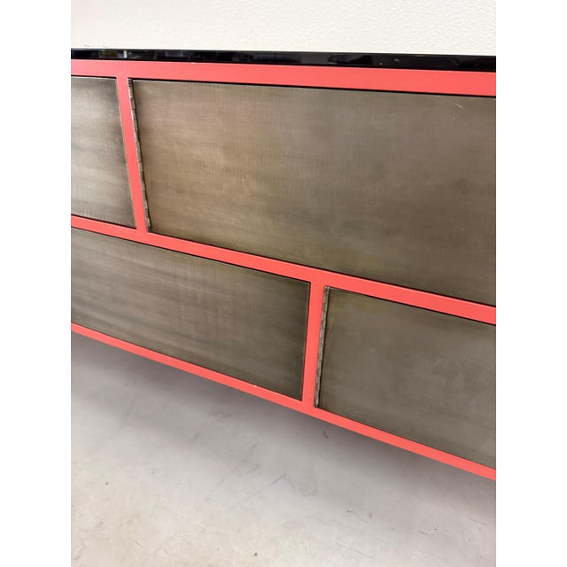 1990s Custom 11 Drawer Credenza in Red with Brushed Steel Doors and Black Glass Top For Sale - Image 17 of 17