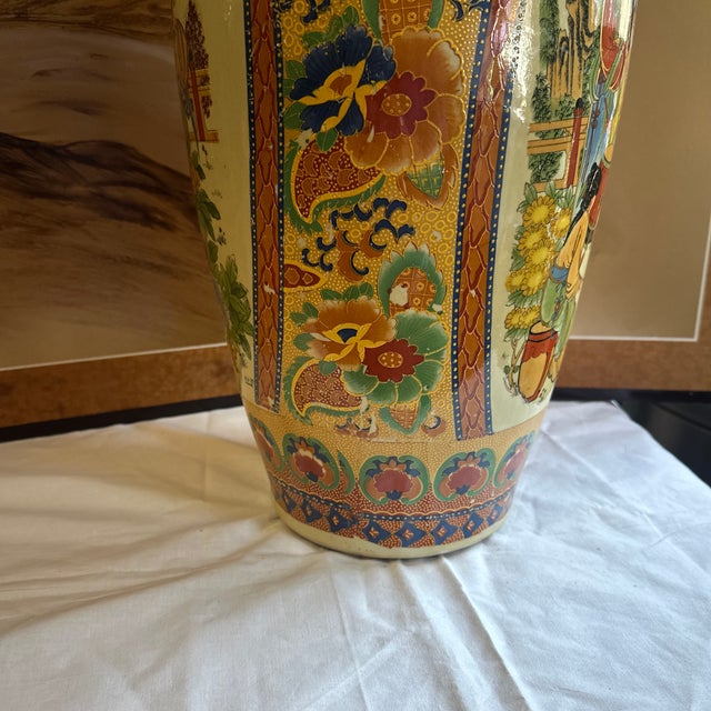 Large Vintage Asian Style Hand Painted Satsuma Orange Vase For Sale - Image 10 of 12