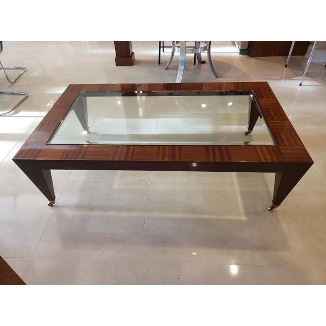 1980s Glass Inlaid in Wood Coffee Table With Brass Roller Feet For Sale - Image 9 of 12