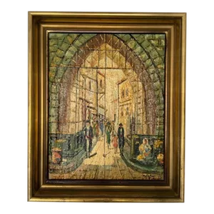 Mid 20th Century Modern Outdoor Arched Street Scene Painting In the Manner of Avigdor Arikha