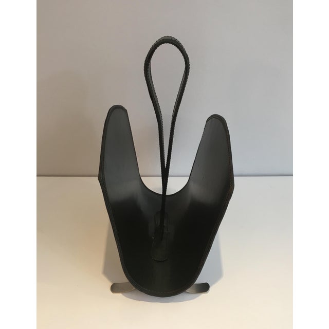 Circa 1950 Leather Magazine Rack on a Brushed Steel Base, French For Sale - Image 6 of 12