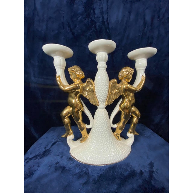 Art Nouveau Vintage Italian Gold Gilt & Porcelain Angel Candelabra For Sale - Image 3 of 5
