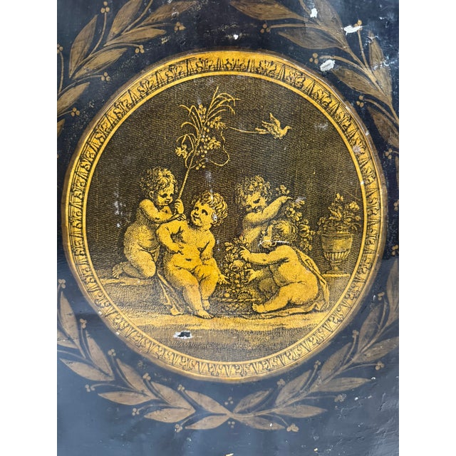 Late 19th Century Antique English Tole Coal Bin, Gilt Cherub Medallion, Parnall & Sons Bristol, 24in For Sale - Image 5 of 14